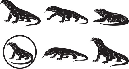 Obraz premium Komodo Dragon Silhouette Icon Set Black Vector Reptile Wildlife Collection