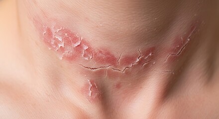 Fototapeta premium Close-up of peeling skin on a persons neck, showing the effects of sunburn or a skin condition.