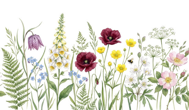 Refined Botanical Watercolor Design Presenting a Fresh Balanced Arrangement of Colorful Blossoms and Foliage in a Minimalist Horizontal Layout, Detailed Floral Painting Featuring a Lively Row of Wildf