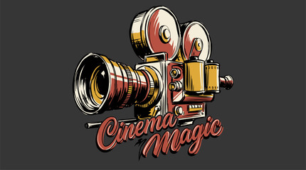 Cinema magic vintage artwork. Retro movie camera design. Film industry t shirt vector. © rahel lila