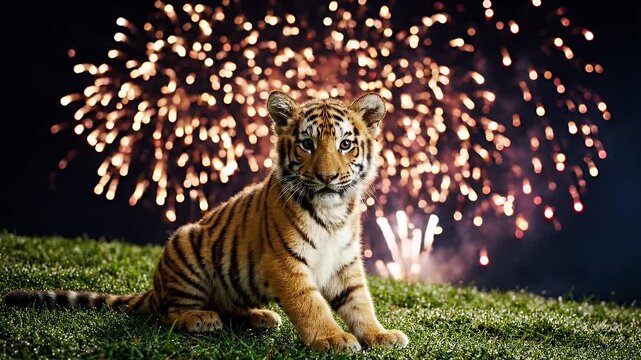 Cute Tiger Cub with Fireworks Background - An adorable tiger cub sits attentively on a grassy field while a spectacular display of golden fireworks illuminates the dark night sky behind it.