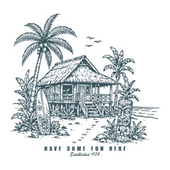 Vintage Tropical Beach Hut Engraving with Tiki Statue, Surfboard, Palm Trees, and Sunset Seascape © purify