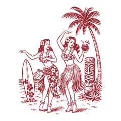 Vintage Hawaiian Hula Dancers Engraving on Tropical Beach with Tiki Statue, Surfboard, and Coconut Drink © purify