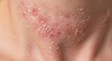 Fototapeta premium Close-up of skin with severe eczema showing redness, inflammation, and peeling.