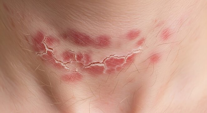 Close-up of skin affected by a fungal infection, showing red, inflamed patches and dry, cracked areas.