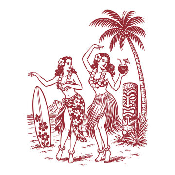 Vintage Hawaiian Hula Dancers Engraving on Tropical Beach with Tiki Statue, Surfboard, and Coconut Drink