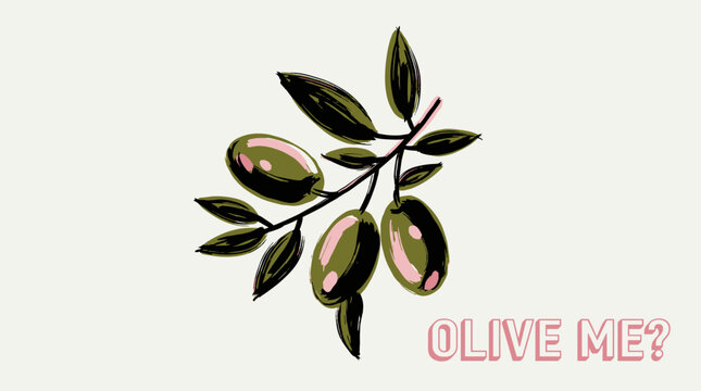 Olive branch illustration. Organic olive tree design. Vegan food vector art. Olive me pun graphic.