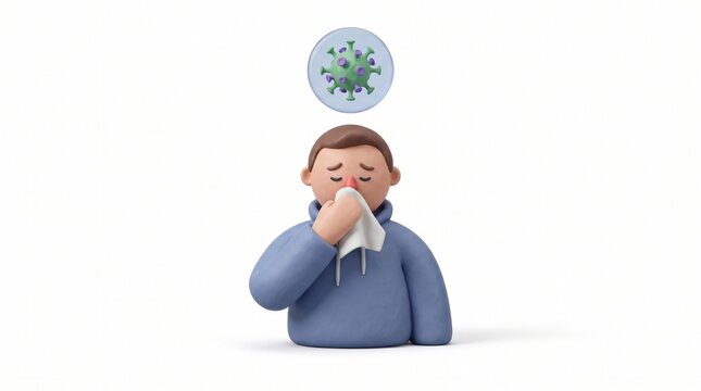 3D cartoon illustration of a sick man blowing nose with virus icon