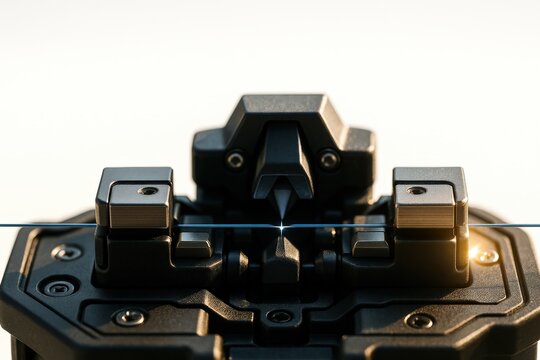 Close up of a fiber optic fusion splicer machine joining optical fiber cables with precision electrical arc spark