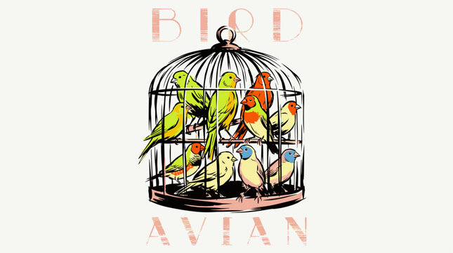Bird cage vintage artwork. Colorful birds avian illustration. Retro t shirt design print.
