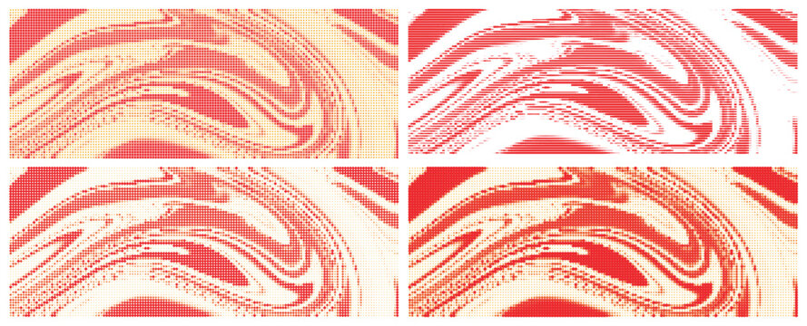 Collection of fluid liquid halftone patterns vector illustration with red wave textures.