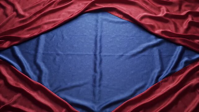 Elegant Red and Blue Fabric Folds with Soft Lighting - This video showcases the beautiful drape and soft folds of flowing red fabric surrounding a central area of deep blue material.
