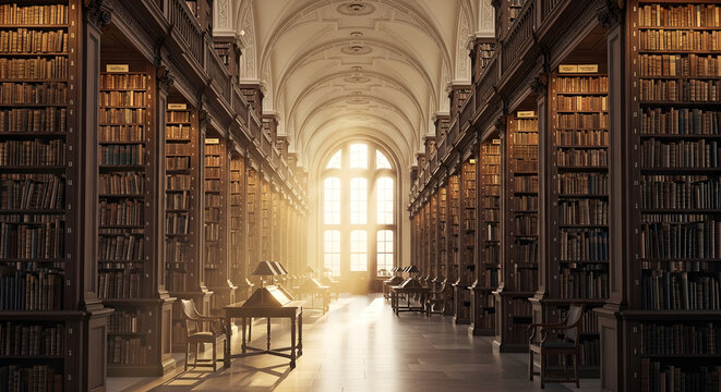 Warmly lit library aisle with wooden bookshelves and reading tables