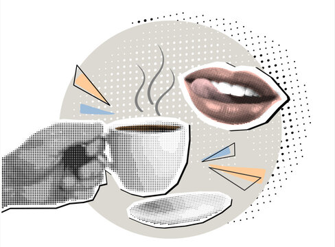 Trendy Halftone Vector collage with hand holding mug of tea or coffee and lips. Break time. Break concept, time for rest, coffee break to relax. Vector illustration