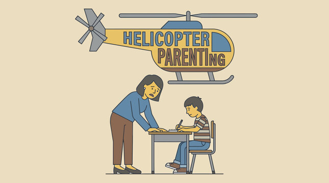 Mother Hovering Anxiously Over Son Doing Homework Illustrating Helicopter Parenting Style