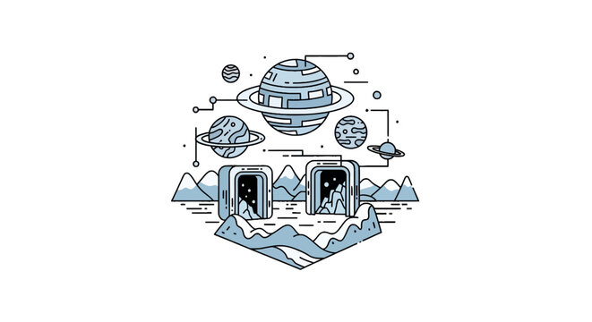 Futuristic space landscape with planets and dimensional portals