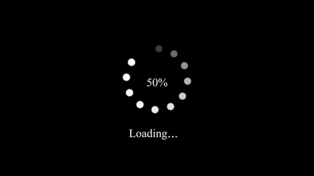 Circular loading progress bar with white dots and thirty percent text on a dark black background for digital interface and software development