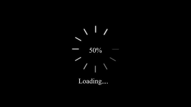 Circular loading progress bar with thin white lines and thirty percent text on a dark black background for digital interface and software development