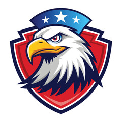 Fototapeta premium Fierce Bald Eagle Mascot Head Facing Left Placed Inside A Red Shield With Stars Patriotic Emblem