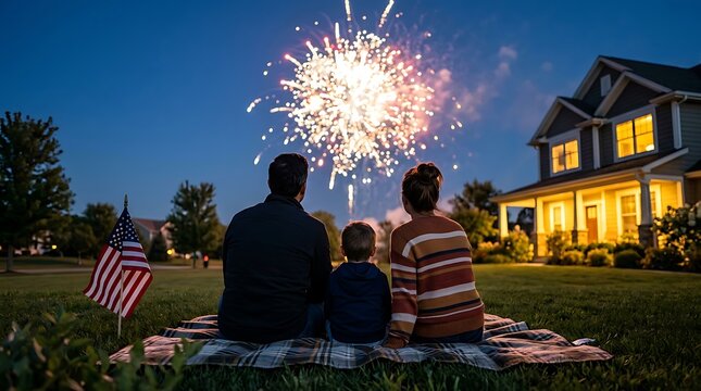 Family watching fireworks, American flag, suburban home, 4th of July celebration, patriotic evening