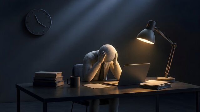 Overworked office employee suffering stress and burnout while working late at desk with laptop under dramatic lighting