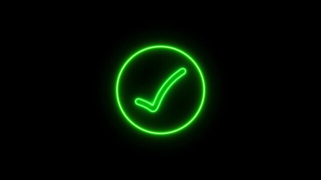 Bright green neon light circle containing a checkmark symbol isolated on a dark black background representing success and task completion status