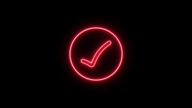 Vibrant red neon light circle with a checkmark symbol inside isolated on a black background representing error or specific status notification