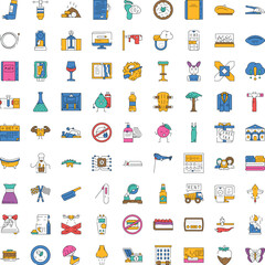 Fototapeta premium Collection of various colorful objects, tools, and lifestyle symbols presenting a diverse range of concepts and everyday items as line art vector icons