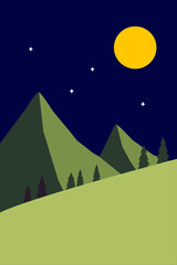 Fototapeta premium Night mountain landscape with pine trees, moon and stars illustration