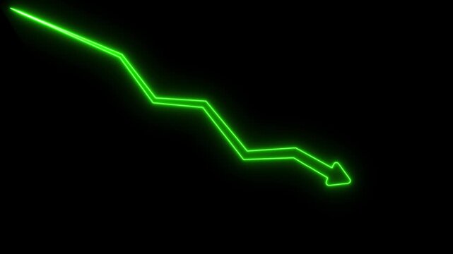 Bright green neon line chart arrow pointing downwards indicating financial loss or market decline on a solid black background for business analysis