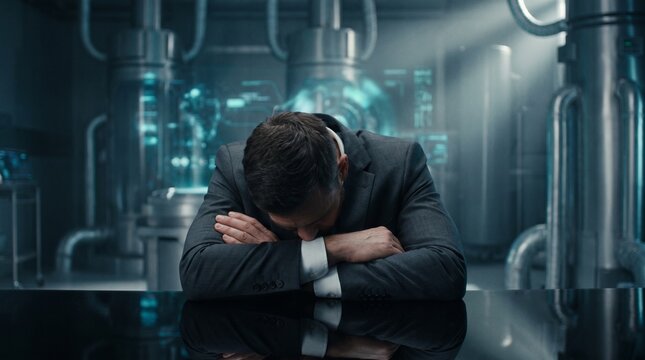 Man in formal attire bowed over a table in a futuristic, dimly lit laboratory, appearing exhausted or defeated