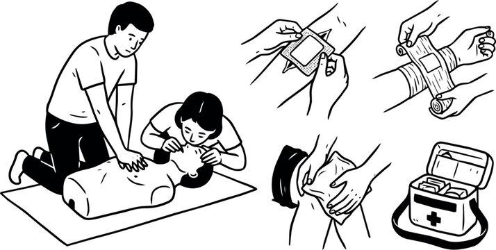 Hands performing CPR and applying first aid bandages with medical kit