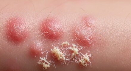 Fototapeta premium Close-up of skin rash with red inflamed patches and flaky scales.
