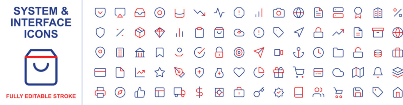 Collection of flat design interface and system icons set with editable strokes for web and app user interface development