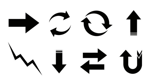Collection of various black arrow symbols pointing in different directions on white background