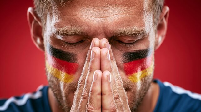 German man paints a flag on his face, closes his eyes, presses his hands together and conveys intense emotionhope or disappointmentin sport