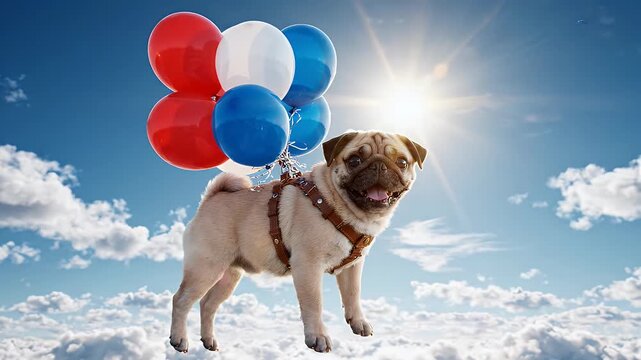 Happy Pug Floating with Red White Blue Balloons in Sky - A joyful pug dog is shown floating high in the sky, lifted by a bunch of red, white, and blue balloons.