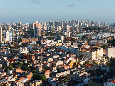 Aerial view of densely built houses on a hillside neighborhood, Salvador, Bahia, Brazil