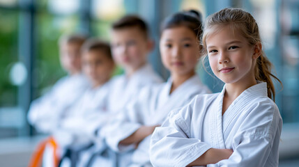 Fototapeta premium Group of children in kimonos standing in line during martial arts class session, youth discipline concept, kids karate photography, blurred training hall background, with copy