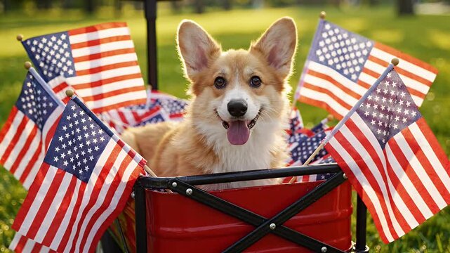 Happy Corgi Puppy in Wagon with American Flags - A joyful Pembroke Welsh Corgi puppy sits in a red wagon decorated with many small American flags.