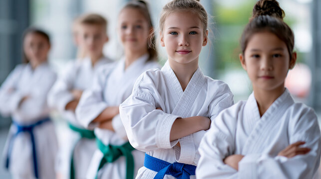 Group of children in kimonos standing in line during martial arts class session, youth discipline concept, kids karate photography, blurred training hall background, with copy