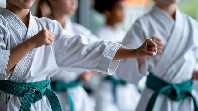 Faceless children in matching kimonos practicing karate techniques in disciplined group formation, youth martial arts concept, kids combat sports photography, blurred training