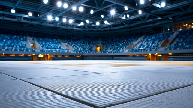 Empty judo stadium interior with brightly lit central mat area contrasting with darkened stands, sports venue concept, martial arts arena photography, blurred stadium background,