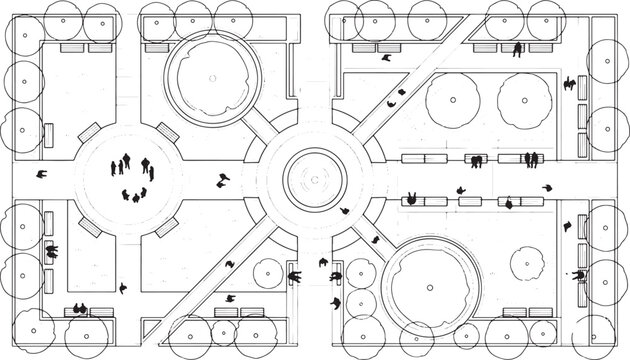 Architectural site plan of a public park with circular plazas, walking paths, trees, and seating areas
