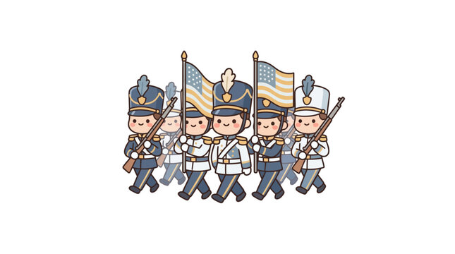 Cute patriotic characters marching in a parade with flags illustration