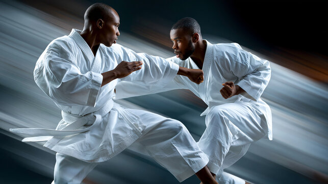 Two martial arts masters demonstrating karate practice in dramatic sports banner pose, combat mastery concept, martial arts photography, blurred dark background, with copy space