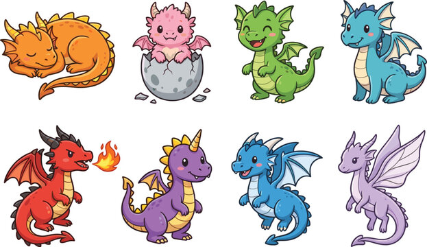 Vector set of cute cartoon baby dragons in various colorful poses and fantasy characters
