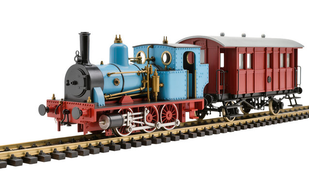 Blue steam locomotive with red passenger carriage on railway tracks
