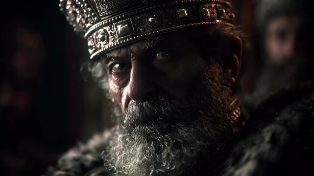 Europe medieval lifestyle. A closeup portrait of an elderly man with a long, gray beard and mustache. He wears ornate, metallic crowns with intricate designs and patterns. The mans gaze is intense.