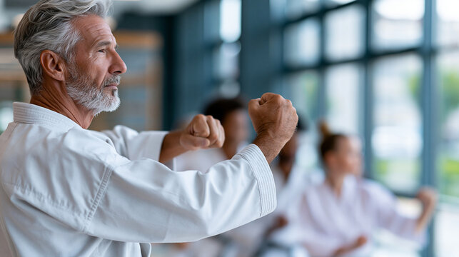 Faceless senior karate master demonstrating traditional technique to group of students in dojo, knowledge transfer concept, martial arts photography, blurred training hall